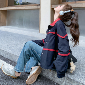 藏青色设计感撞色拼接外套女2025春秋季新款韩版流行显瘦夹克上衣图片