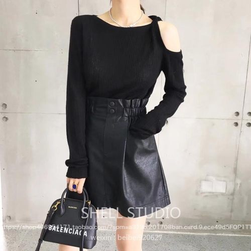 薄款性感露肩针织衫套头圆领