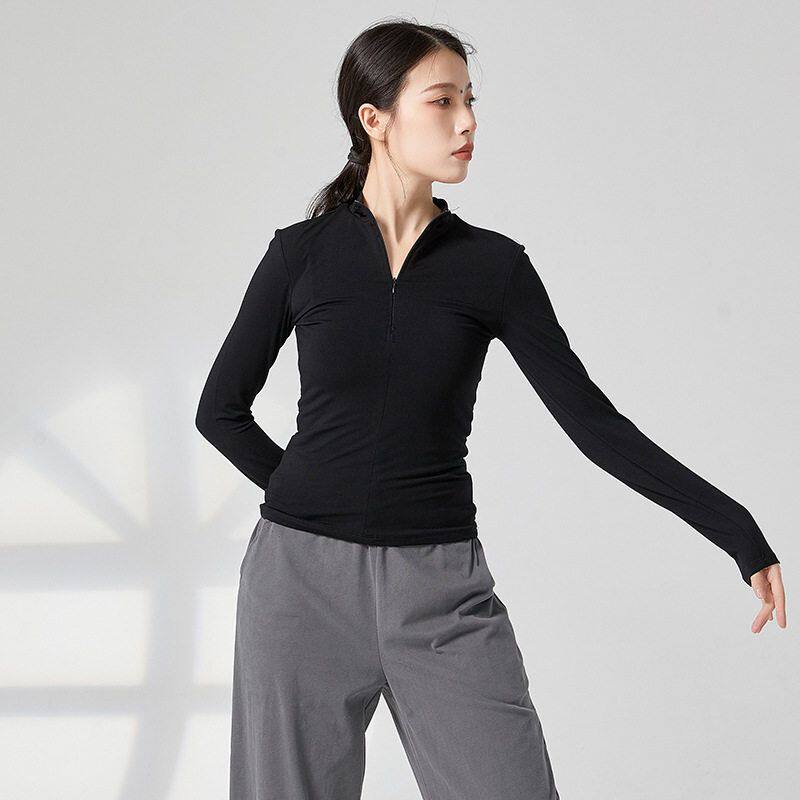 拉丁舞现代舞蹈练功服女式紧身长袖上衣黑色表演训练瑜伽艺考长袖