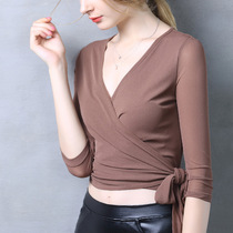 Autumn seven sleeve short open navel mesh cross tie Latin Dance Top dance yoga training dress female