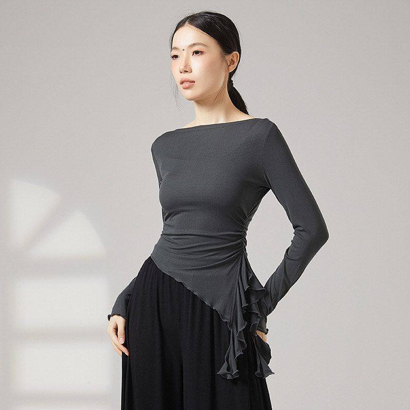 拉丁舞现代舞新款不规则开叉荷叶边长袖上衣练功服女古典舞蹈服装,运动/瑜伽/健身/球迷用品,拉丁舞上装,淘宝优惠券,粉丝福利购,淘宝优惠卷