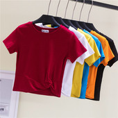 舞蹈练功服装 侧扭结高腰运动短袖 纯棉拉丁舞上衣修身 露脐女夏短款