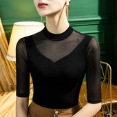 春新款 上衣练功舞蹈服 国标摩登交谊舞立领网纱拉丁舞女桃心领中袖