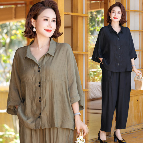 妈妈夏短袖吸汗套装女遮肚两件套