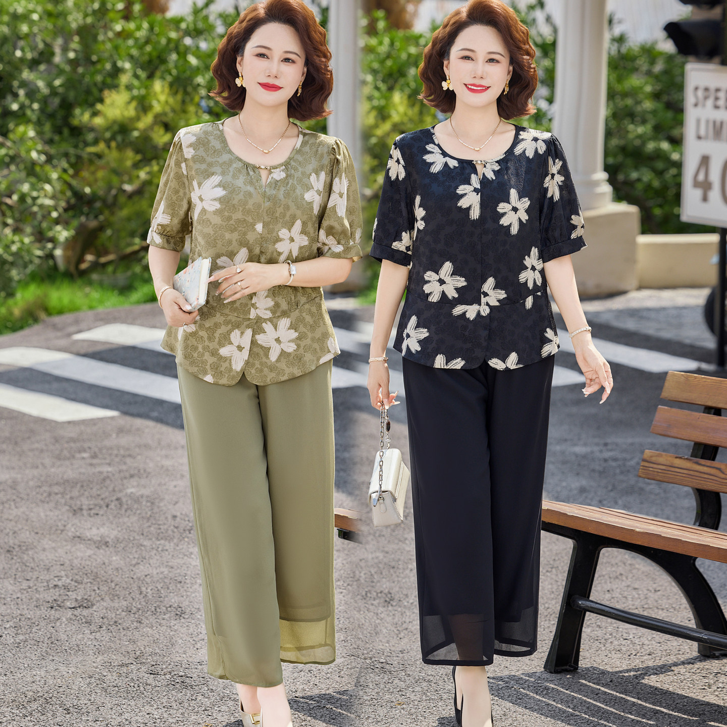 2026新款妈妈夏装短袖T恤小衫套装中老年女夏季遮肚雪纺衫两件套