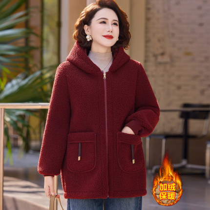 中老年女装颗粒绒外套连帽妈妈冬装加厚保暖加肥大码棉衣加绒棉袄