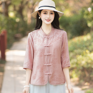 新中式国风仿苎麻刺绣衬衫女年轻妈妈夏装七分袖T恤宽松中袖小衫