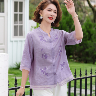 母亲节妈妈夏装短袖女中式衬衫时尚国风中年妇女洋气中袖T恤小衫