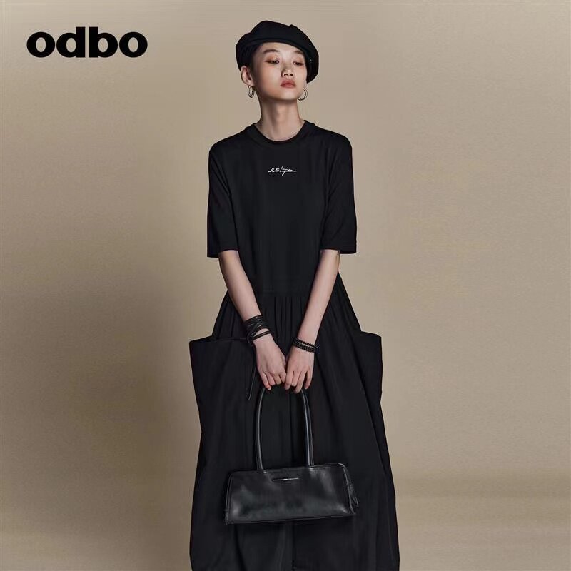 odbo 异材质拼接连体裤 夏季女 大口袋垂感裙裤 刺绣字母圆领短袖