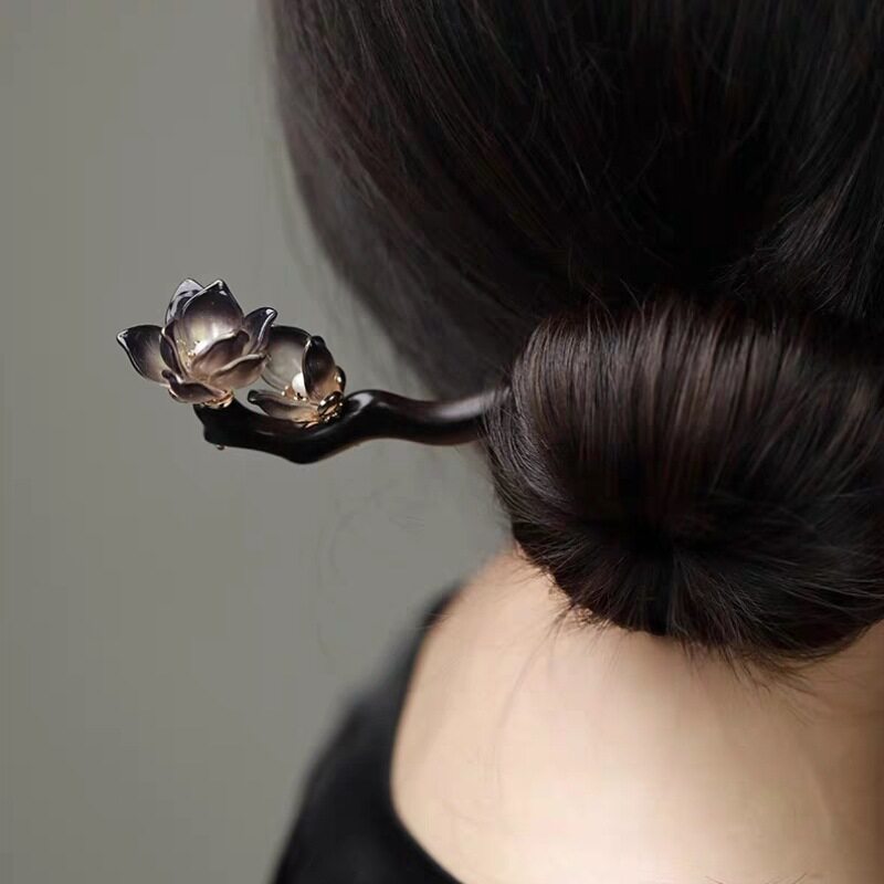 天然黑檀木昙花发簪2026新款高端新中式绝美簪子小众38妇女节礼物