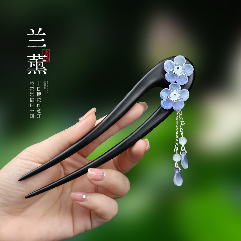 天然黑檀木U型发簪新中式古典高级感步摇发钗古风女盘发神器高端