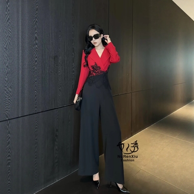 2025时尚气质西装领蕾丝拼接阔腿连体裤女夏新款高腰显瘦连连衣裤