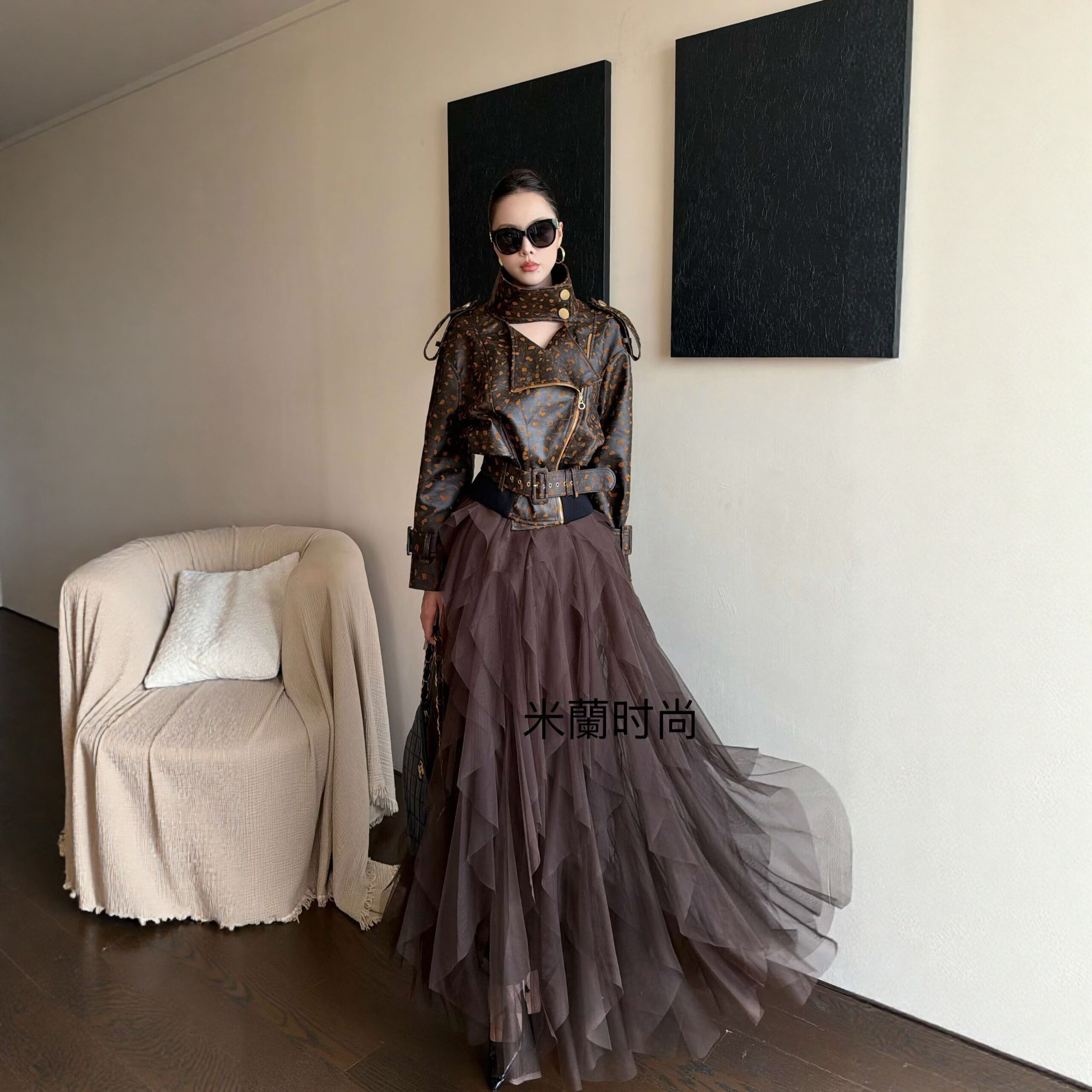 美拉德豹纹机车短款皮衣外套女高腰层次感网纱长裙时髦两件套套装