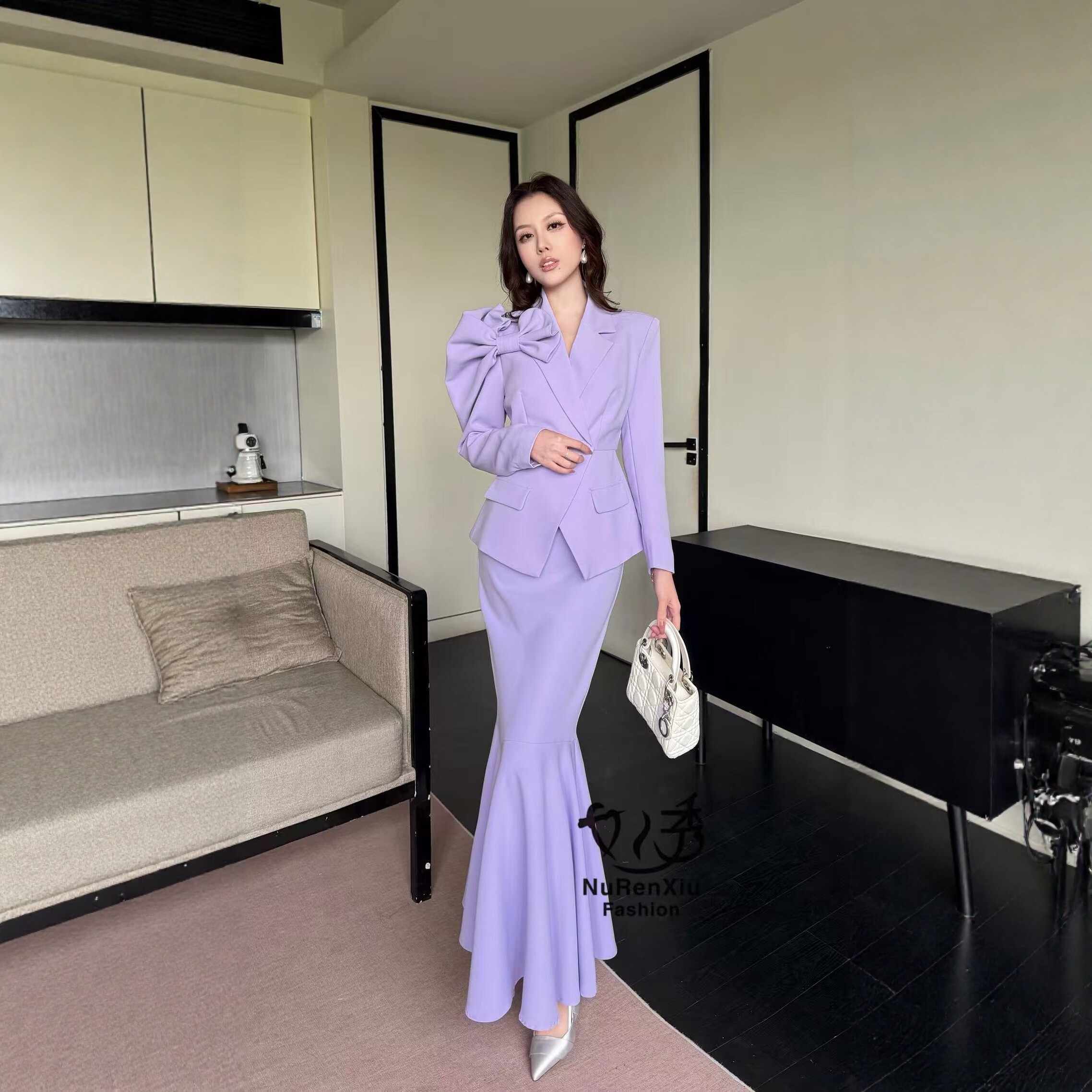 秋季新款时尚高级感欧货气质坎袖西服外套鱼尾裙显瘦套装女两件套