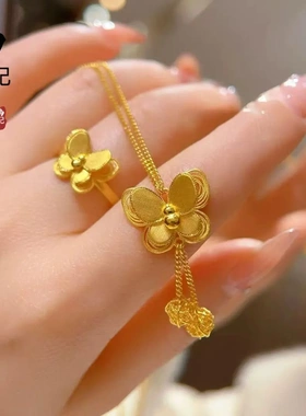 金店同款古法沙金花月佳期双层葫芦蝴蝶项链戒指 铜镀金项链