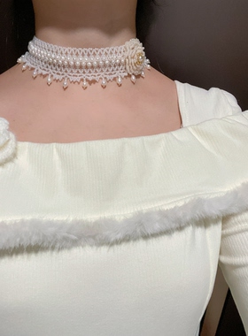 指尖尤物原创设计纯手工编织珍珠蕾丝锁骨项链欧—【白霭浮光】