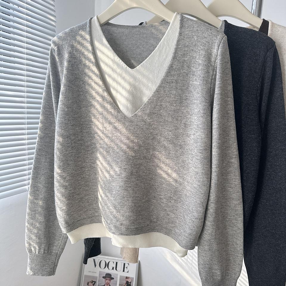韩系假两件针织衫女2025春秋新款宽松显瘦撞色打底衫V领毛衣上衣
