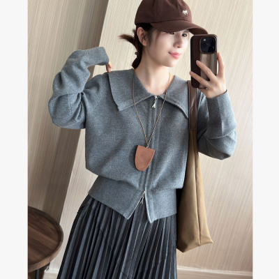 翻领双头拉链针织衫开衫女2025秋季海军领小个子短款羊毛毛衣外套