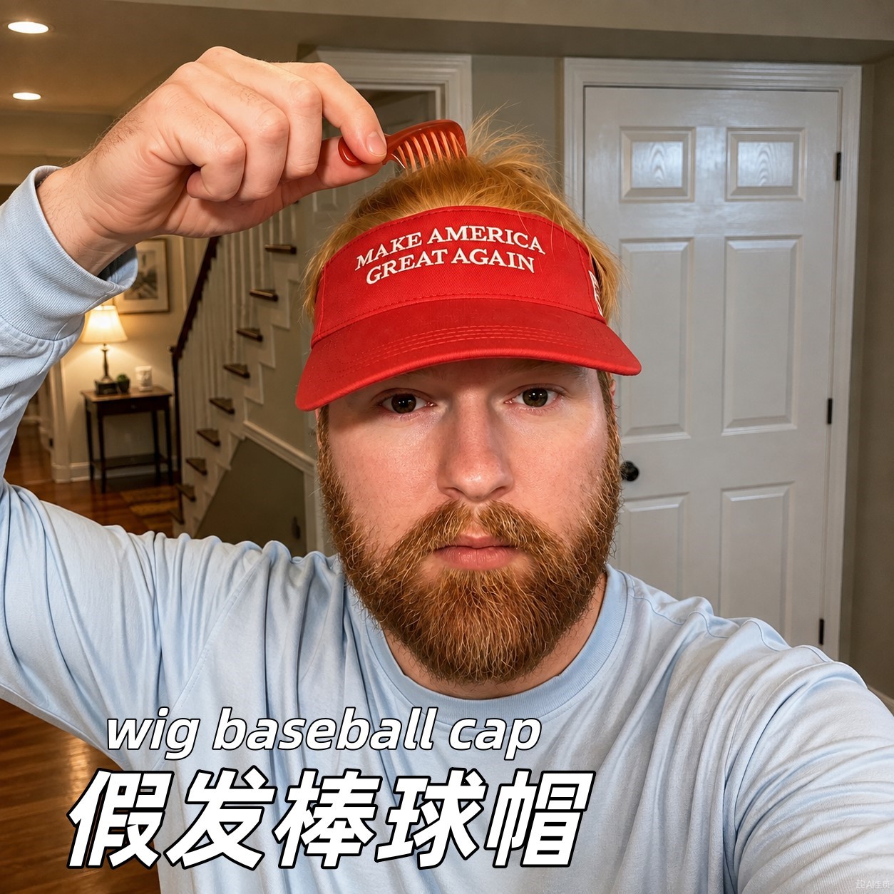 欧美风金色假发棒球帽一体式仿