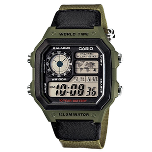 【十年电力】卡西欧帆布带手表 防水运动小方块 AE-1200WHB-3B/1B