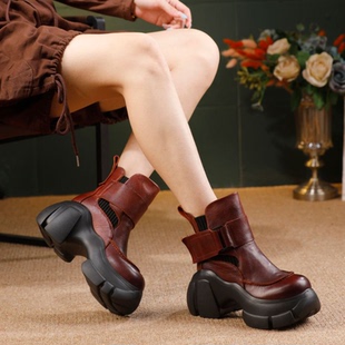靴子女2025秋冬新款 头层牛皮厚底高跟靴复古短筒骑士靴真皮短靴潮