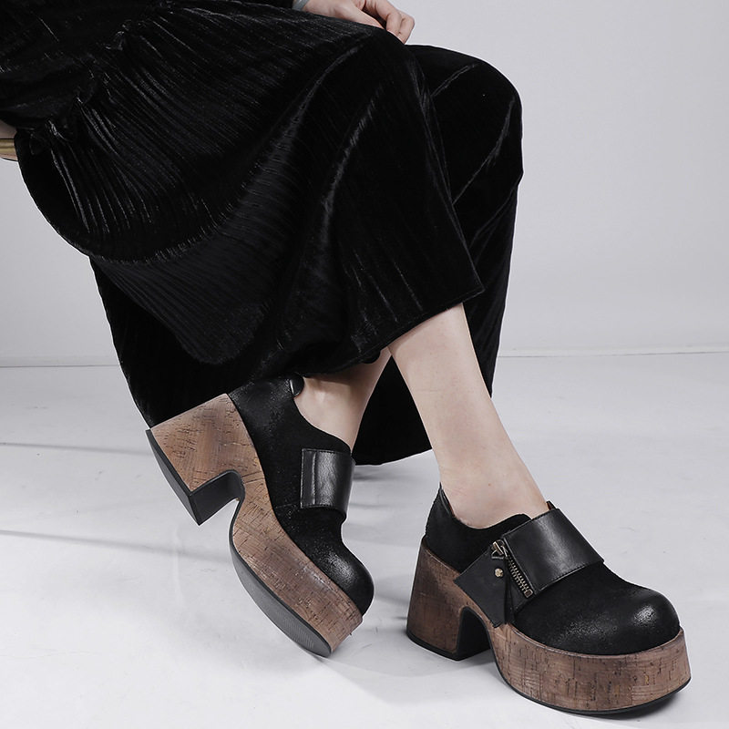 复古真皮粗高跟鞋女回古2024秋冬新款松糕厚底女鞋深口四季单鞋子