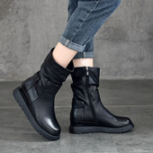 真皮休闲马丁靴复古褶皱中筒靴女2025秋冬新款 内侧拉链女士骑士靴