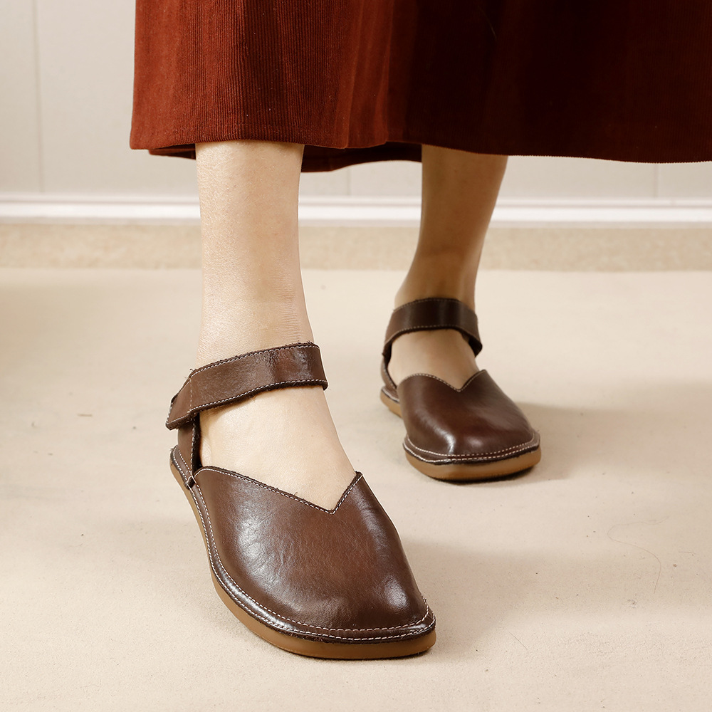 2025春夏新款文艺森系平底凉鞋真皮中空休闲女鞋包头一字带罗马鞋