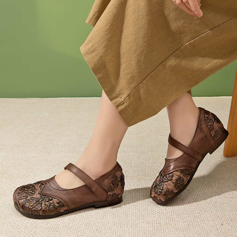 2025春夏新款真皮女鞋一字扣魔术贴软底豆豆鞋女平底圆头浅口单鞋