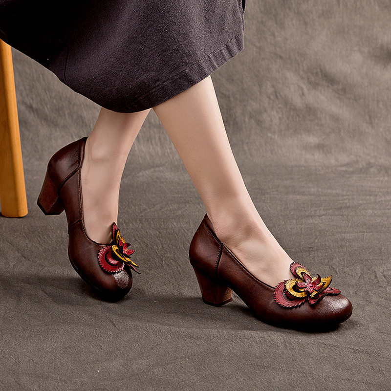 2025春秋新款真皮女鞋头层牛皮花朵民族风舒适百搭复古浅口单鞋女