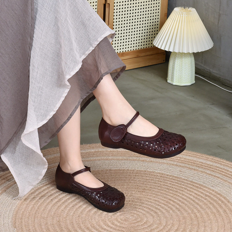 2025春夏款软皮镂空单鞋女平底鞋休闲圆头舒适软底洞洞鞋牛皮凉鞋