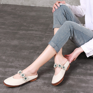 半拖鞋 2025夏季 女森女系真皮凉拖平底时尚 包头复古花朵凉拖鞋 新款
