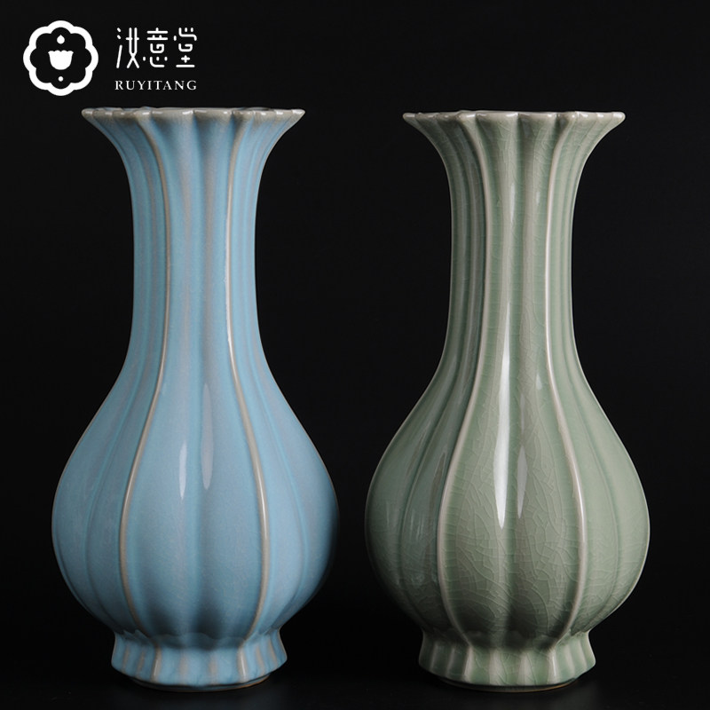 汝窑陶瓷大花瓶大肚青瓷蓝色新中式简约高端客厅玄关插花装饰摆件