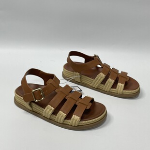 夏季 女低跟露趾棕色舒适厚底鞋 复古休闲风编织罗马凉鞋 少量原单