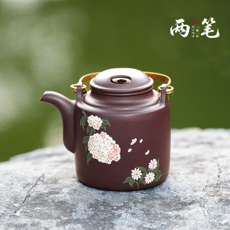 【两笔】宜兴紫砂壶全手工陶建泡茶壶家藏紫茄泥泥绘洋桶340cc