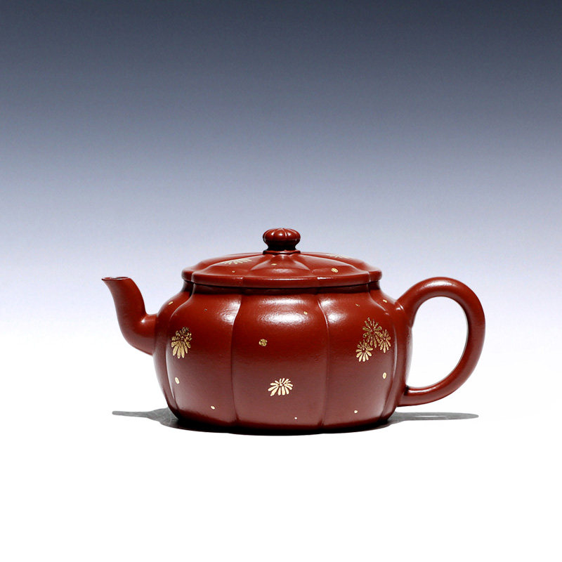 【两笔】宜兴原矿紫砂壶王涛全手工茶壶茶具朱泥洒金筋纹瓜菱
