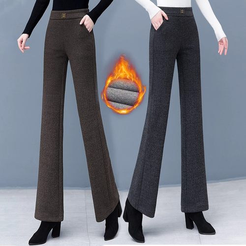 加绒羊毛呢微喇裤女2025秋冬季新款松紧高腰加厚筒喇休闲喇叭裤子