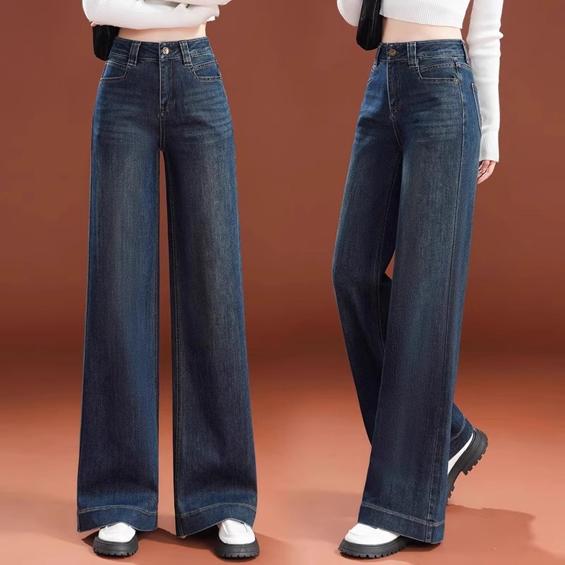 加绒加厚牛仔裤直筒阔腿女裤子2025秋冬新款今年流行爆款时尚长裤