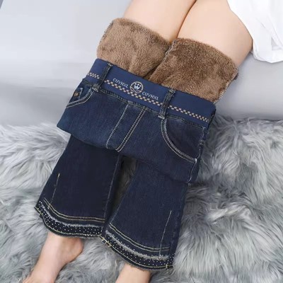 羊羔绒微喇裤女冬季加绒加厚牛仔裤2025年新款大码松紧腰喇叭裤子