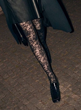 XL25秋冬新品德国kunert 30D FLORAL黑色超细提花T裆无足型连裤袜