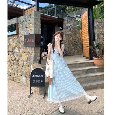 韩系蓝色条纹绑带吊带连衣裙女夏季海边度假长裙无袖宽松a字裙子