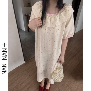 可爱荷叶边娃娃领睡裙女夏点点格纹宽松棉纱中长款 家居连衣裙 短袖