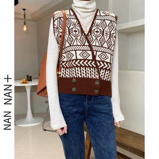 韩版 短款 纽扣外搭叠穿毛线背心潮 女春季 日系复古几何针织马甲开衫