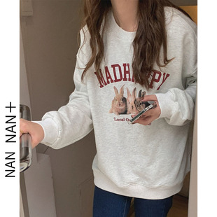 卡通三只小兔子字母印花卫衣女秋季韩版复古宽松减龄套头衫上衣