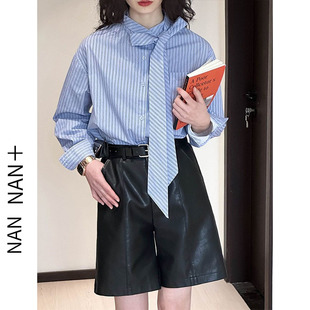 小众蝴蝶结绑带条纹衬衫 衬衣 女春秋设计感宽松纯棉内搭叠穿长袖