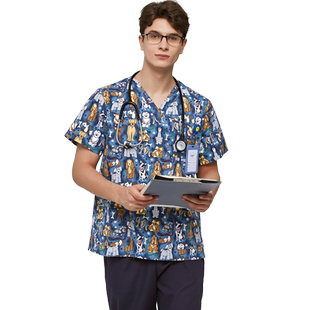 安诺手术服印花V领宠物医生洗手服刷手衣美容医院工作服花花狗蓝