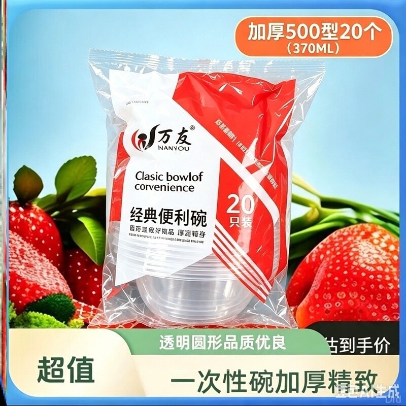 圆形打包盒一次性餐盒圆形塑料碗筷加厚透明食品级快餐汤碗20只