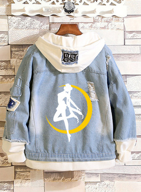 美少女战士动漫周边衣服ins男女情侣破洞卫衣假两件牛仔外套