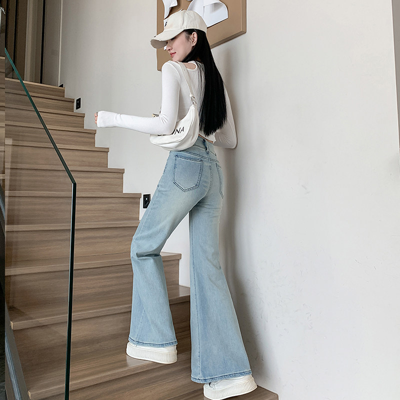 浅色喇叭裤牛仔裤女春秋2025新款小个子修身高腰裤子微喇裤子