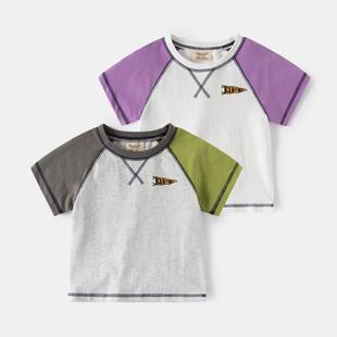 T恤童装 男童拼色圆领上衣宝宝短袖 新款 20252025欧美夏季